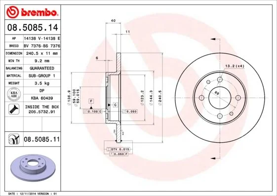 Brzdový kotúč BREMBO 08.5085.11