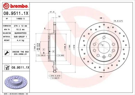 Brzdový kotúč BREMBO 08.9511.1X