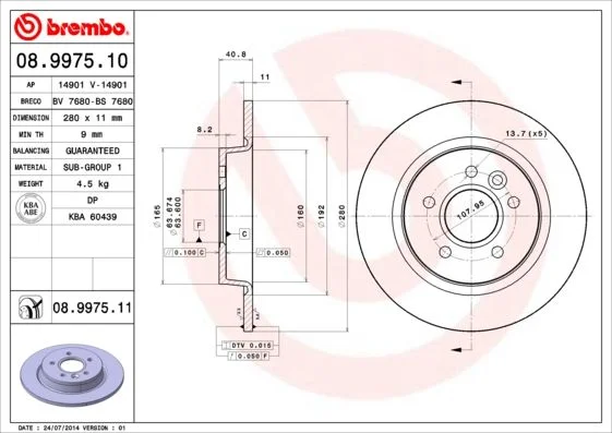 Brzdový kotúč BREMBO 08.9975.11