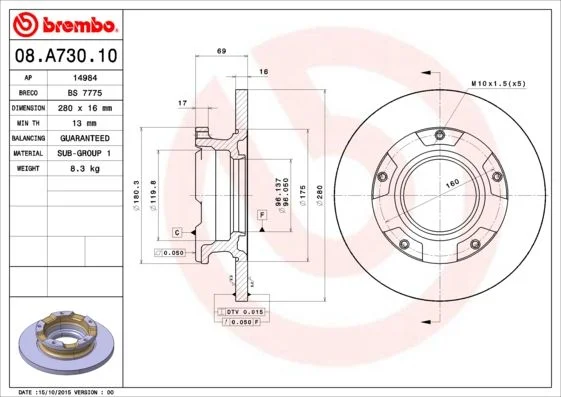 Brzdový kotúč BREMBO 08.A730.10