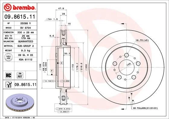 Brzdový kotúč BREMBO 09.8615.11