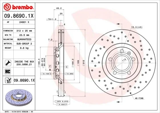 Brzdový kotúč BREMBO 09.8690.1X
