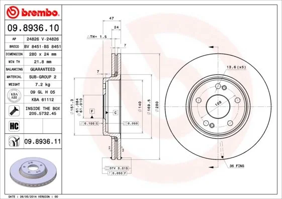 Brzdový kotúč BREMBO 09.8936.11
