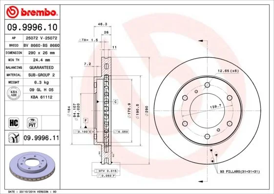 Brzdový kotúč BREMBO 09.9996.11