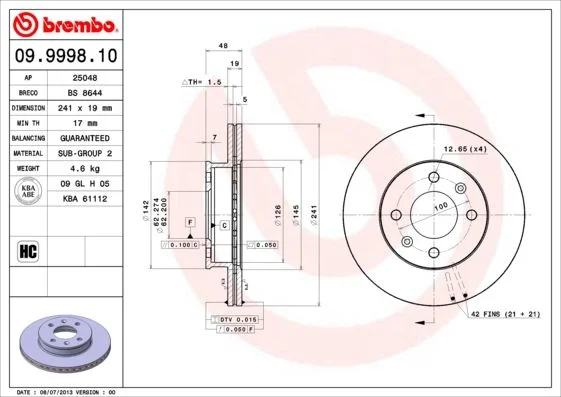 Brzdový kotúč BREMBO 09.9998.10