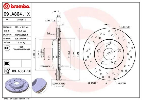 Brzdový kotúč BREMBO 09.A864.1X