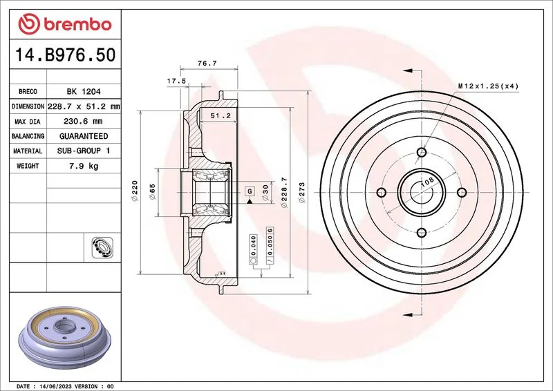 Brzdový bubon BREMBO 14.B976.50