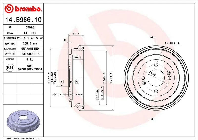 Brzdový bubon BREMBO 14.B986.10