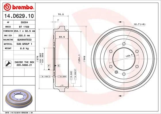 Brzdový bubon BREMBO 14.D629.10