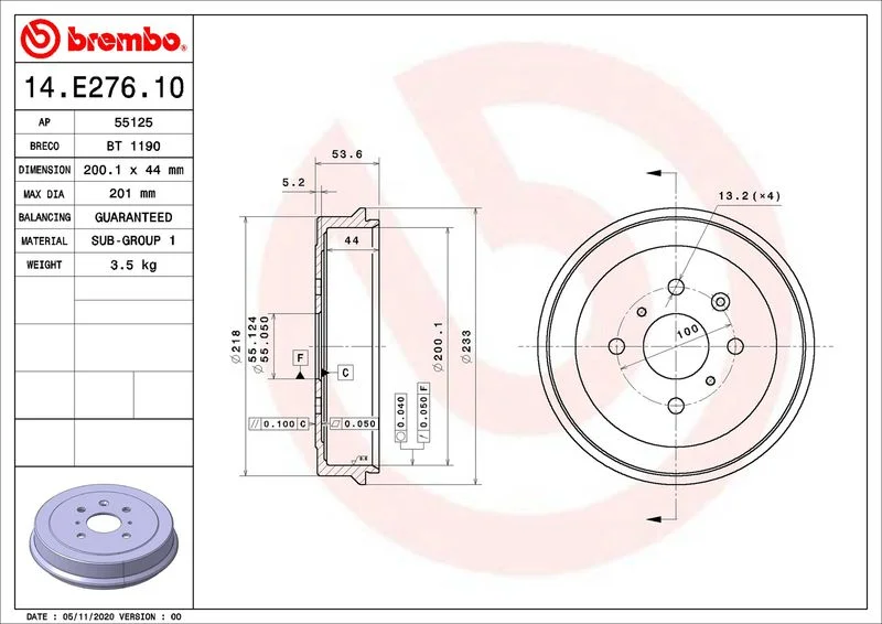 Brzdový bubon BREMBO 14.E276.10