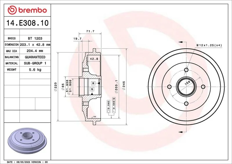 Brzdový bubon BREMBO 14.E308.10