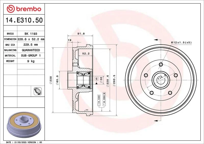 Brzdový bubon BREMBO 14.E310.50