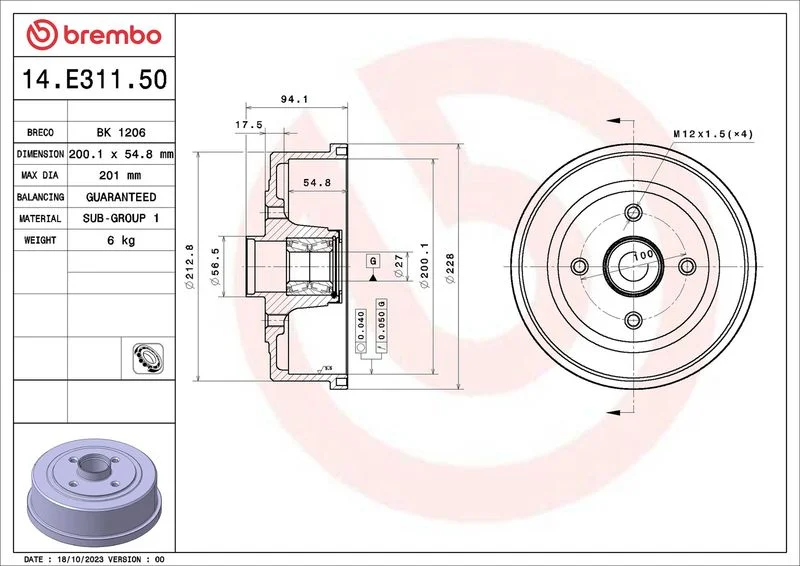 Brzdový bubon BREMBO 14.E311.50