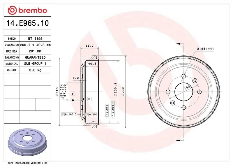 Brzdový bubon BREMBO 14.E965.10