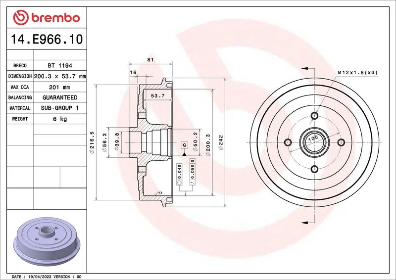 Brzdový bubon BREMBO 14.E966.10