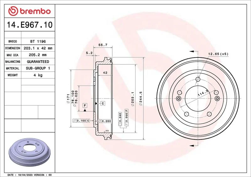 Brzdový bubon BREMBO 14.E967.10