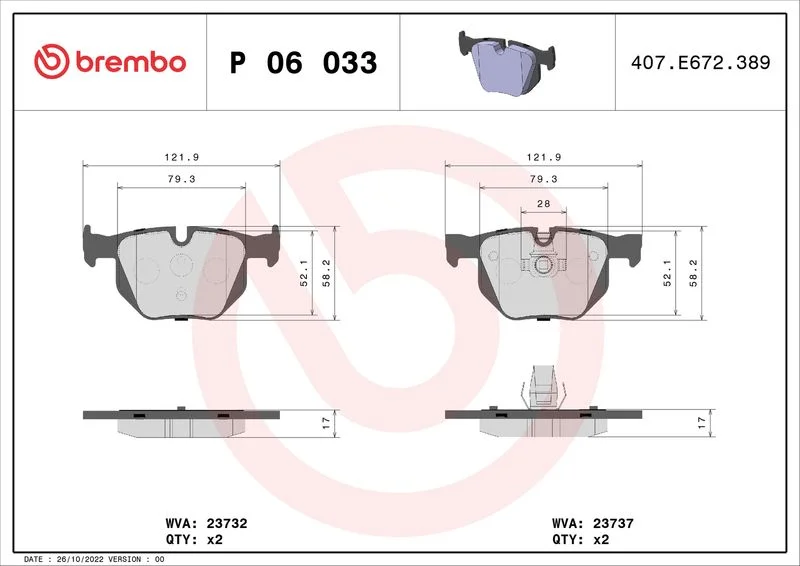 Brake Pad Set, disc brake BREMBO P 06 033X