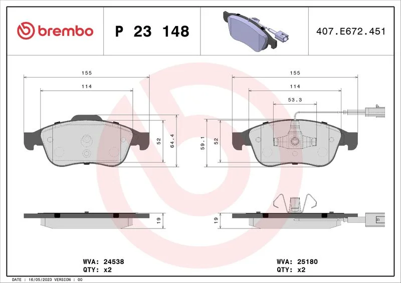 Brake Pad Set, disc brake BREMBO P 23 148X