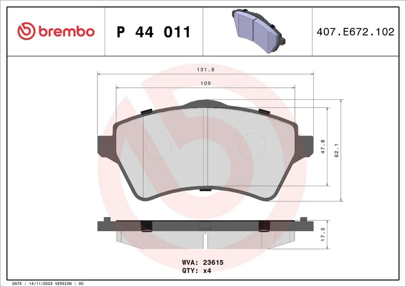 Brake Pad Set, disc brake BREMBO P 44 011
