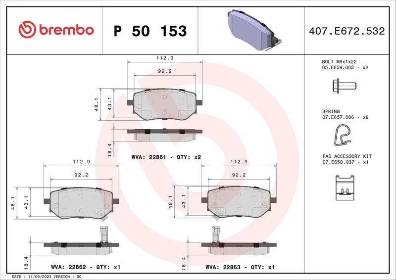 Sada brzdových platničiek, kotúčová brzda BREMBO P 50 153