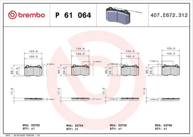 Brake Pad Set, disc brake BREMBO P 61 064
