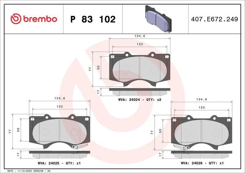 Brake Pad Set, disc brake BREMBO P 83 102