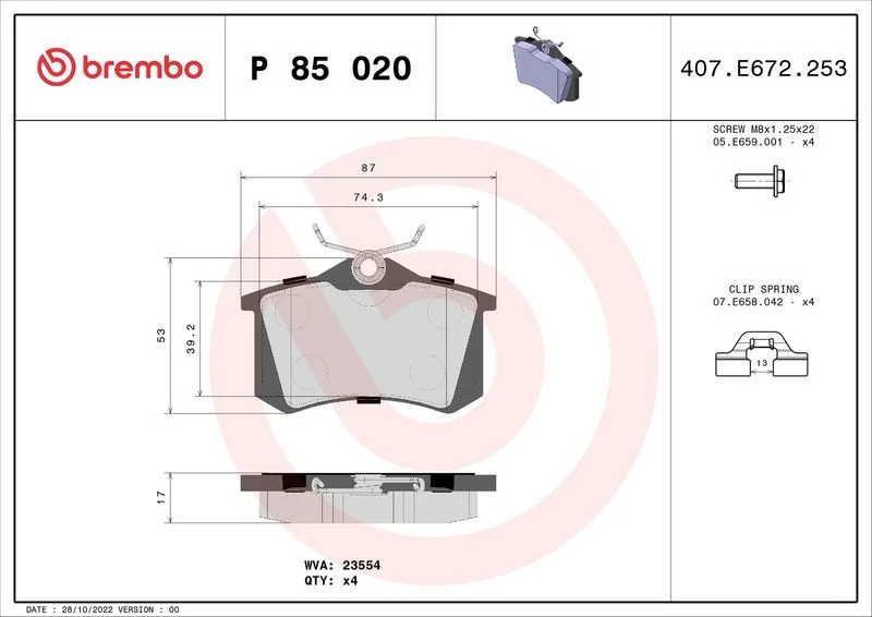 Sada brzdových platničiek, kotúčová brzda BREMBO P 85 020X
