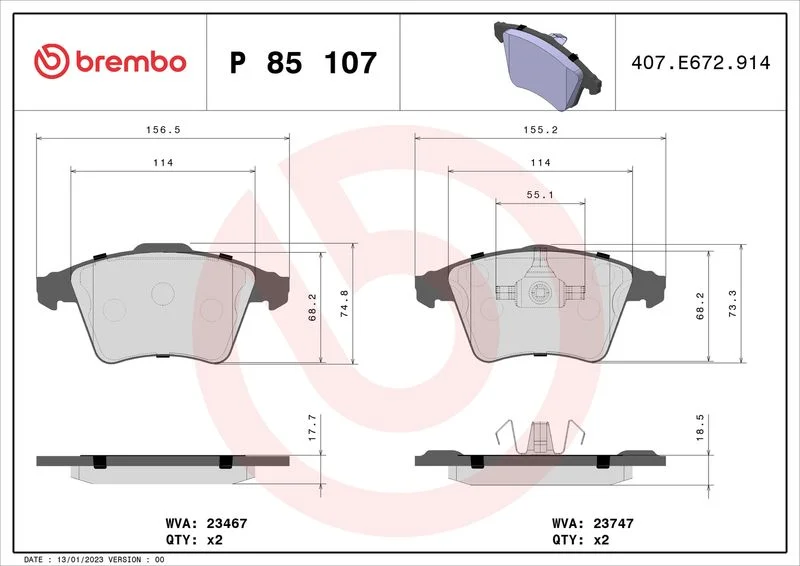 Brake Pad Set, disc brake BREMBO P 85 107