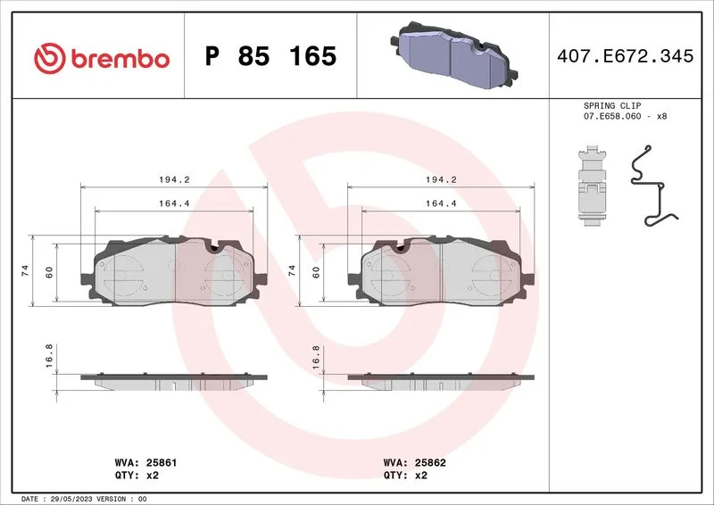 Sada brzdových platničiek, kotúčová brzda BREMBO P 85 165