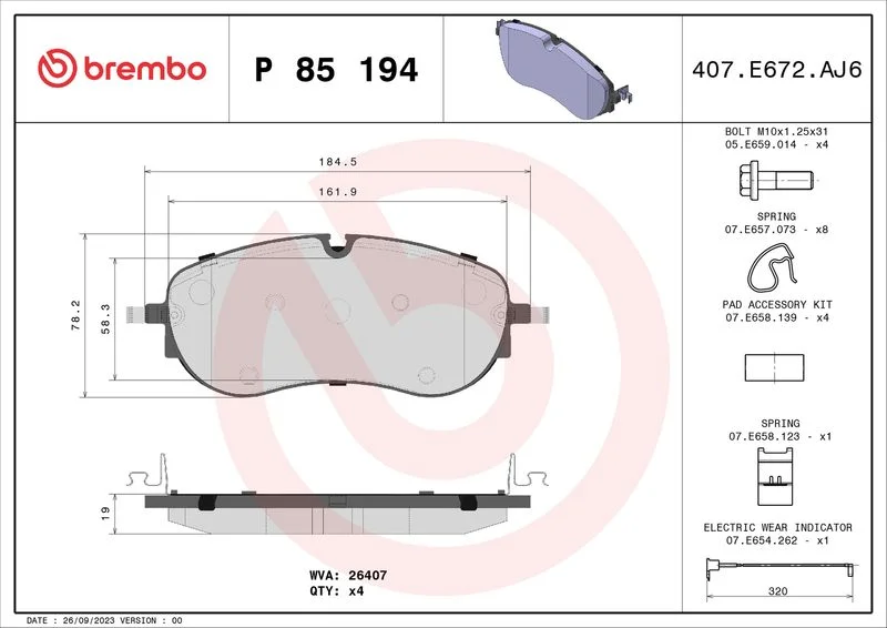 Brake Pad Set, disc brake BREMBO P 85 194